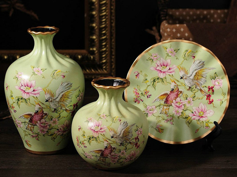 Cockatoo Meadow 3-Piece Ceramic Vase Set – Elegant Jade Green Ceramic Vases with Hand-Painted Cockatoo and Floral Design