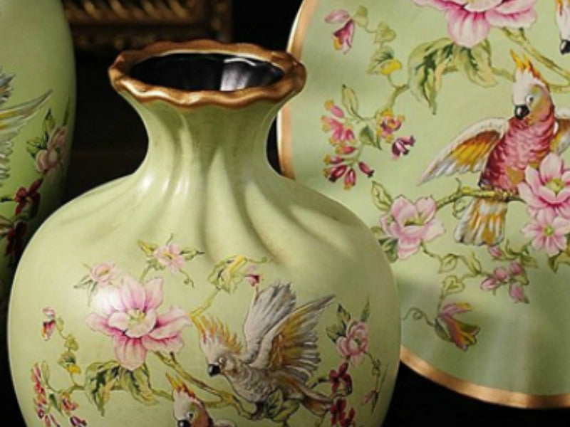 Cockatoo Meadow 3-Piece Ceramic Vase Set – Elegant Jade Green Ceramic Vases with Hand-Painted Cockatoo and Floral Design