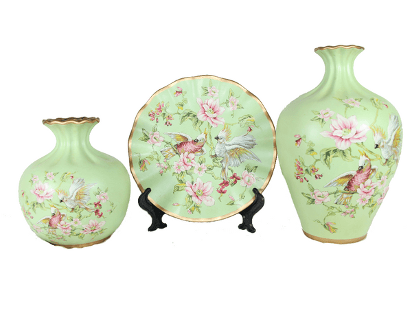 Cockatoo Meadow 3-Piece Ceramic Vase Set – Elegant Jade Green Ceramic Vases with Hand-Painted Cockatoo and Floral Design