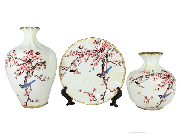 Cherry Blossom Meadow 3-Piece Ceramic Vase Set – Elegant Off-White Decorative Vases with Golden Rim