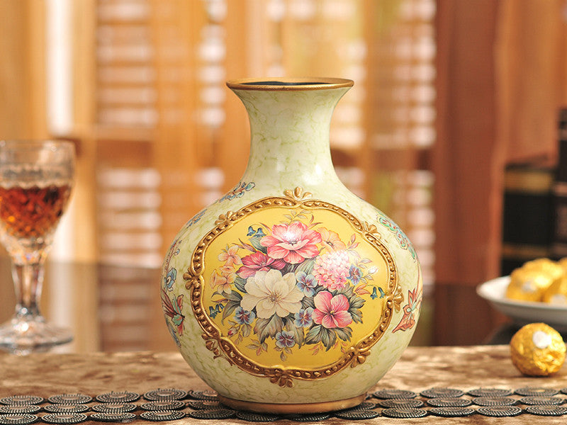 Vintage Collection 3-Piece Ceramic Vase Set – Elegant Yellow Ceramic Vases with Golden Band and Floral Design
