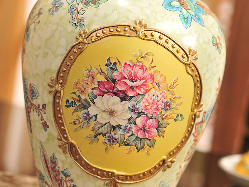 Vintage Collection 3-Piece Ceramic Vase Set – Elegant Yellow Ceramic Vases with Golden Band and Floral Design