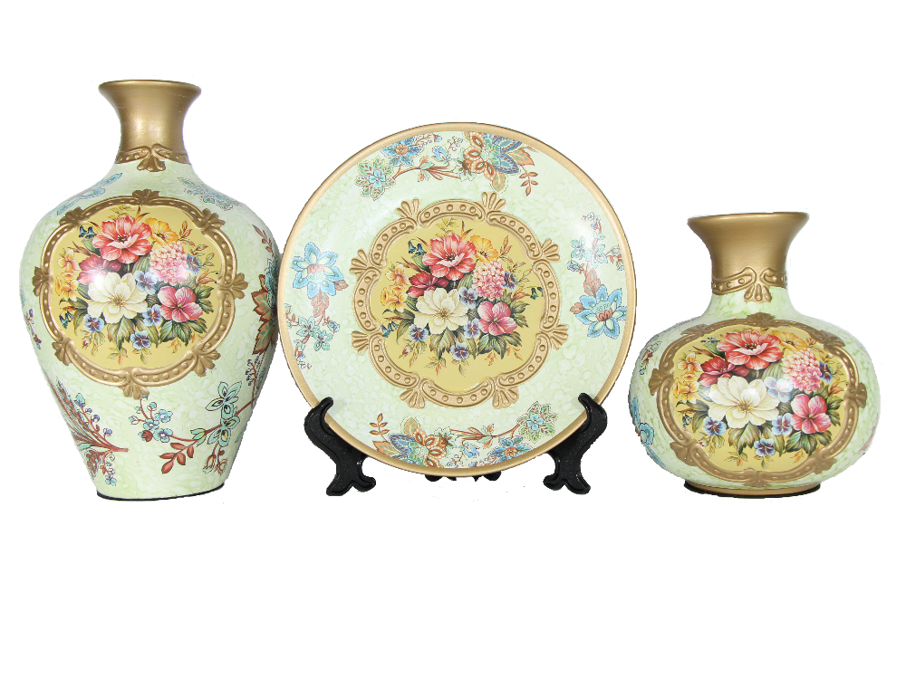 Vintage Collection 3-Piece Ceramic Vase Set – Elegant Yellow Ceramic Vases with Golden Band and Floral Design