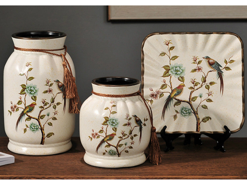 Green Bird Meadow 3-Piece Ceramic Vase Set – Elegant Cream Ceramic Vases with Hand-Painted Green Bird and Floral Design