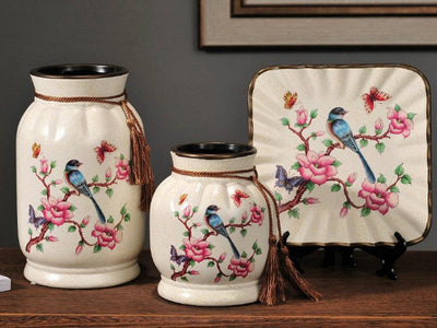 Blue Bird Meadow 3-Piece Ceramic Vase Set – Elegant Cream Ceramic Vases with Hand-Painted Blue Bird Design and Tassel Accents