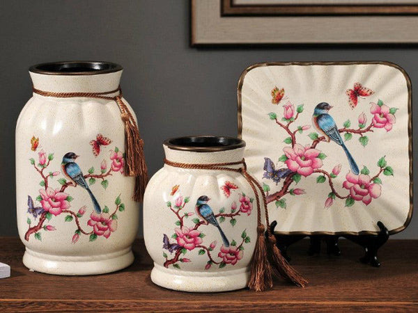 Blue Bird Meadow 3-Piece Ceramic Vase Set – Elegant Cream Ceramic Vases with Hand-Painted Blue Bird Design and Tassel Accents