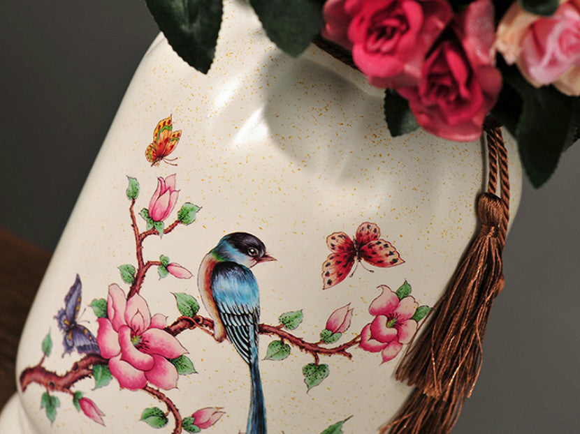 Blue Bird Meadow 3-Piece Ceramic Vase Set – Elegant Cream Ceramic Vases with Hand-Painted Blue Bird Design and Tassel Accents