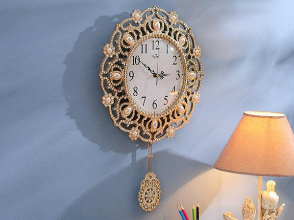 Classic Wall Clock with Pendulum and Bejewelled with Pearls