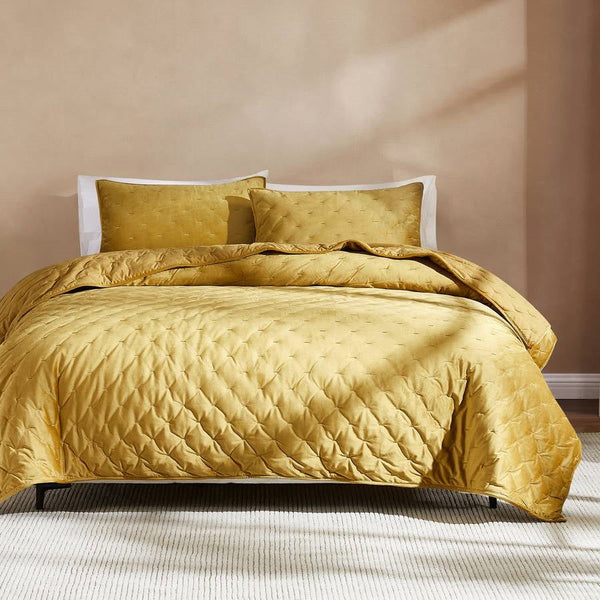 King/CAL King Size 3-Piece Mustard Yellow Velvet Embroidered Super Soft Quilt Set