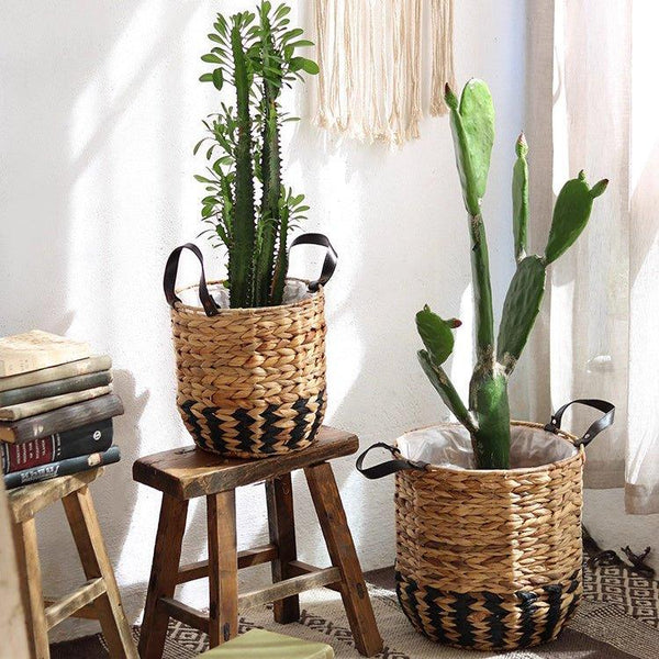 Two-Tone Basket Planter with Leather Handles