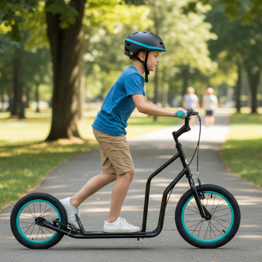 Youth Scooter with Adjustable Handlebar and 16/14-Inch Inflatable Wheels for Age 8+ Years Old-Black