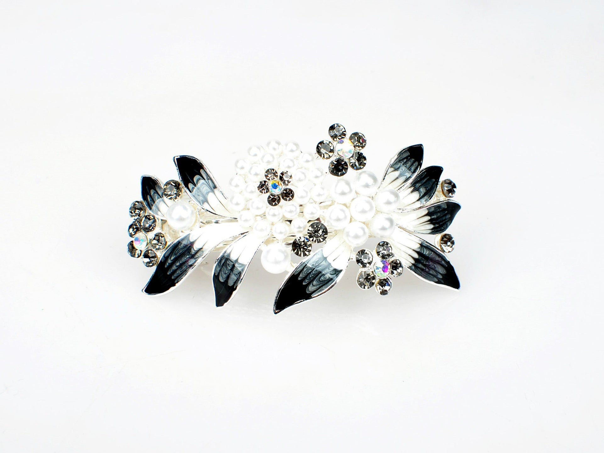 Barrette with colored rhinestones and white pearls - Black