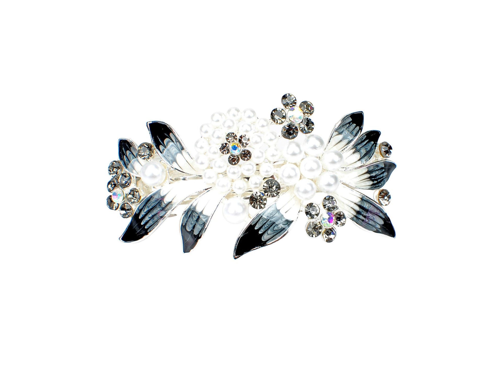 Barrette with colored rhinestones and white pearls - Black