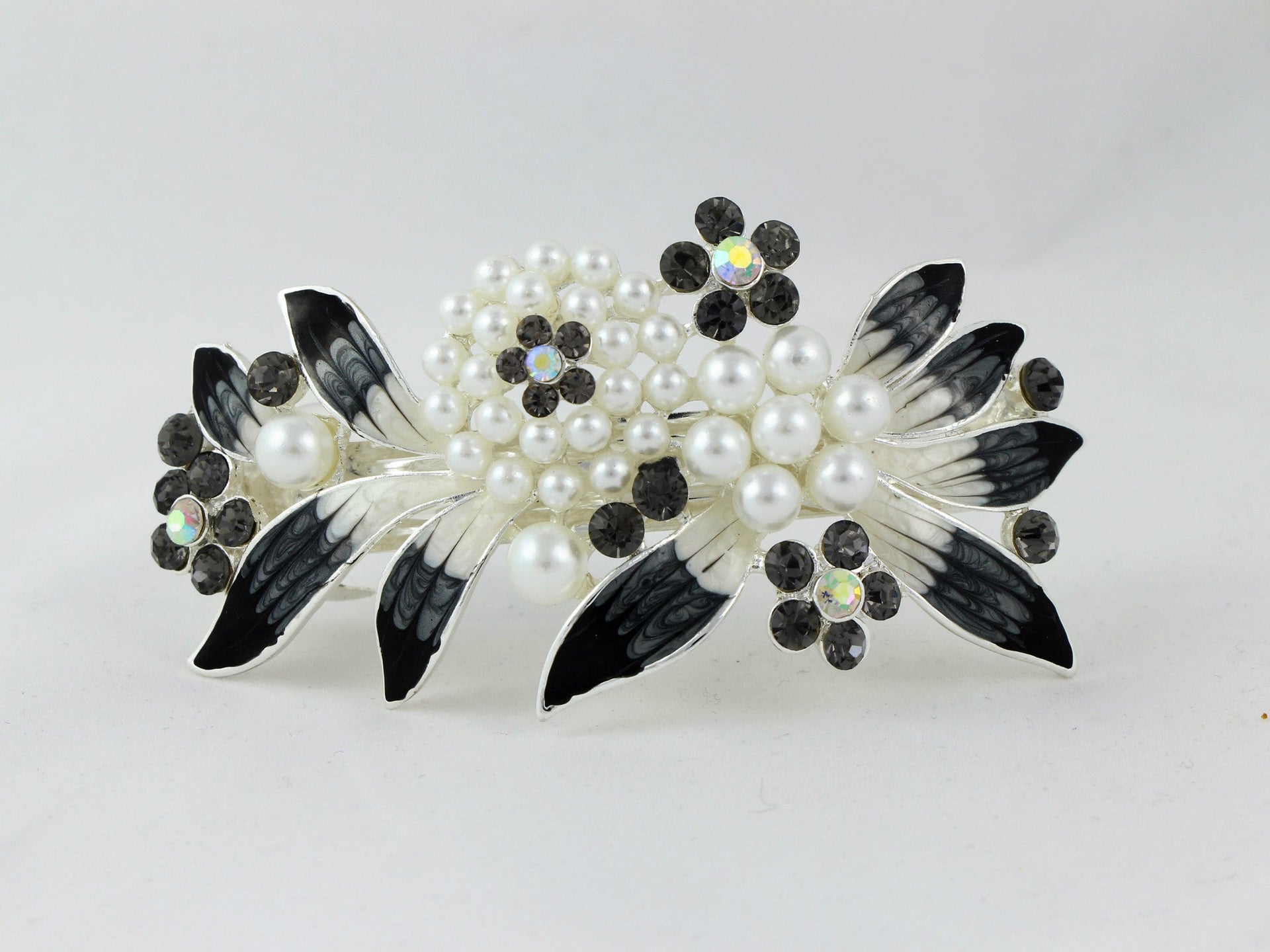 Barrette with colored rhinestones and white pearls - Black