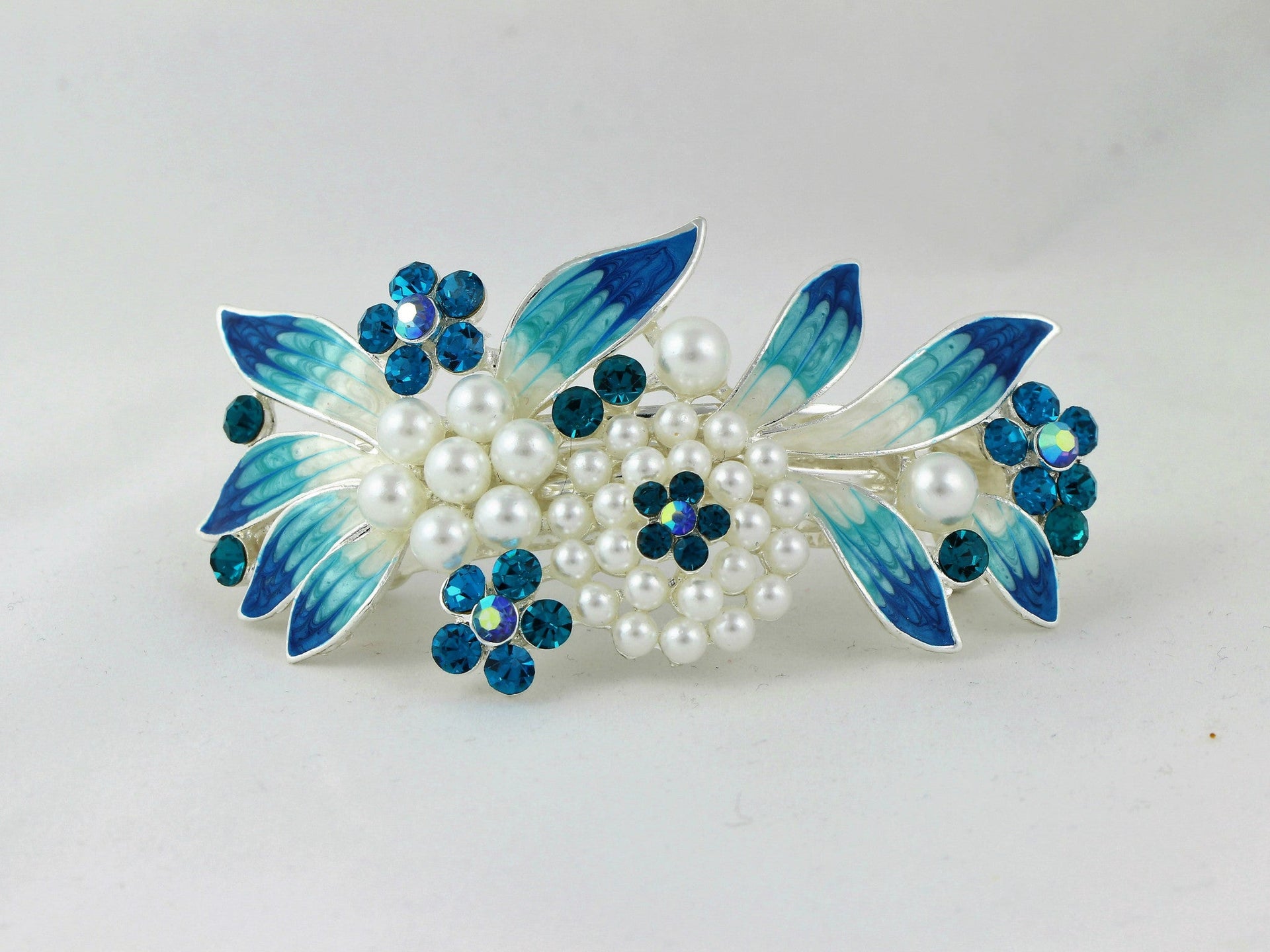 Barrette with colored rhinestones and white pearls - Blue