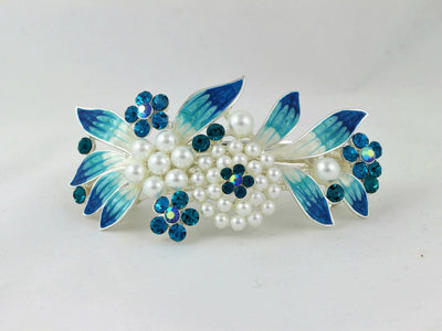 Barrette with colored rhinestones and white pearls - Blue