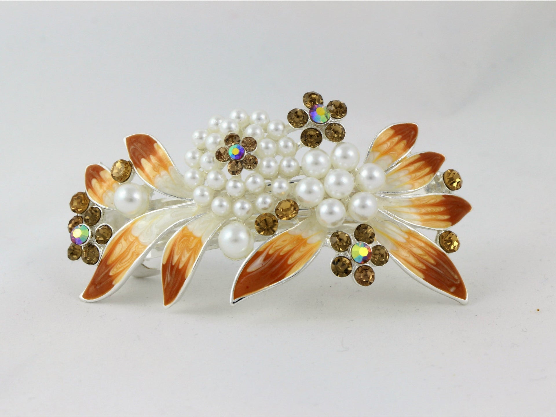 Barrette with colored rhinestones and white pearls - Yellow