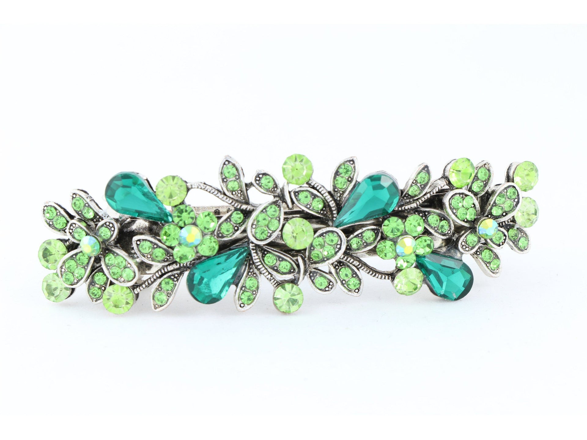 Antique silver metal hair barrette clip with tear drop crystals - Green