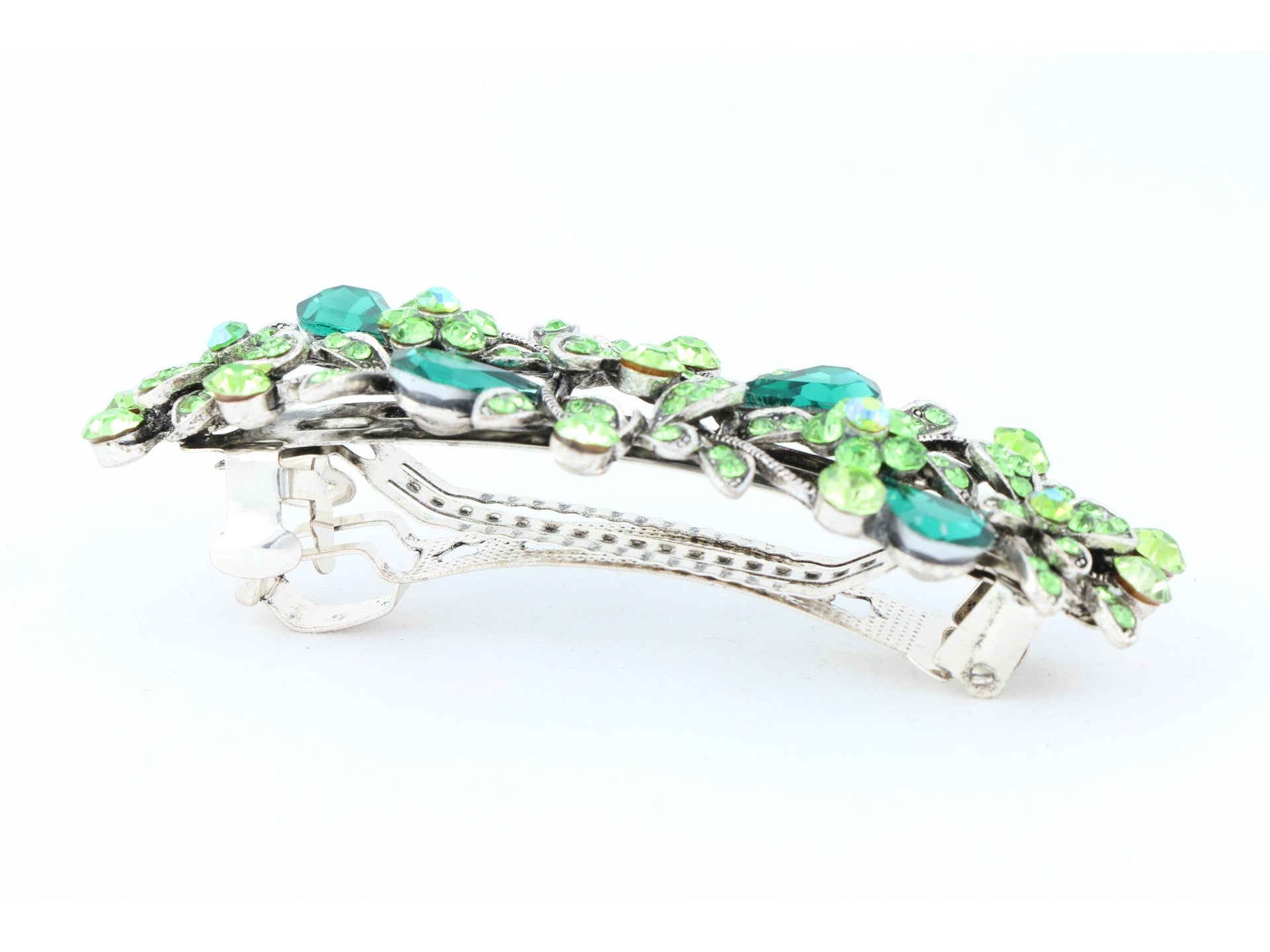 Antique silver metal hair barrette clip with tear drop crystals - Green
