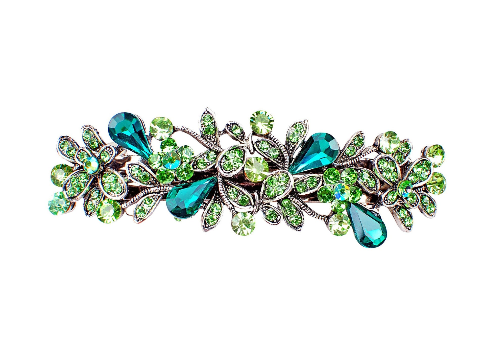 Antique silver metal hair barrette clip with tear drop crystals - Green