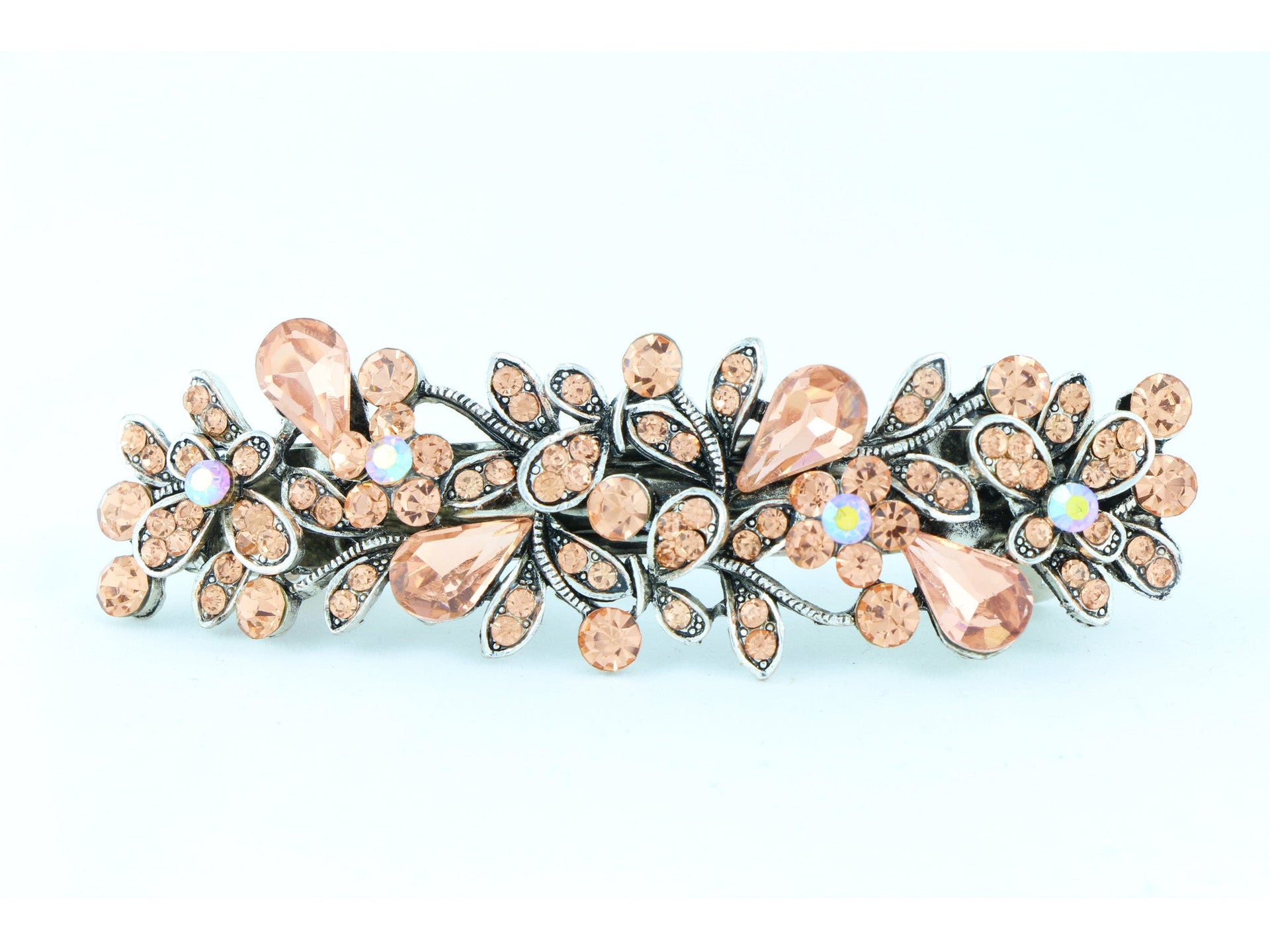Antique silver metal hair barrette clip with tear drop crystals - Peach