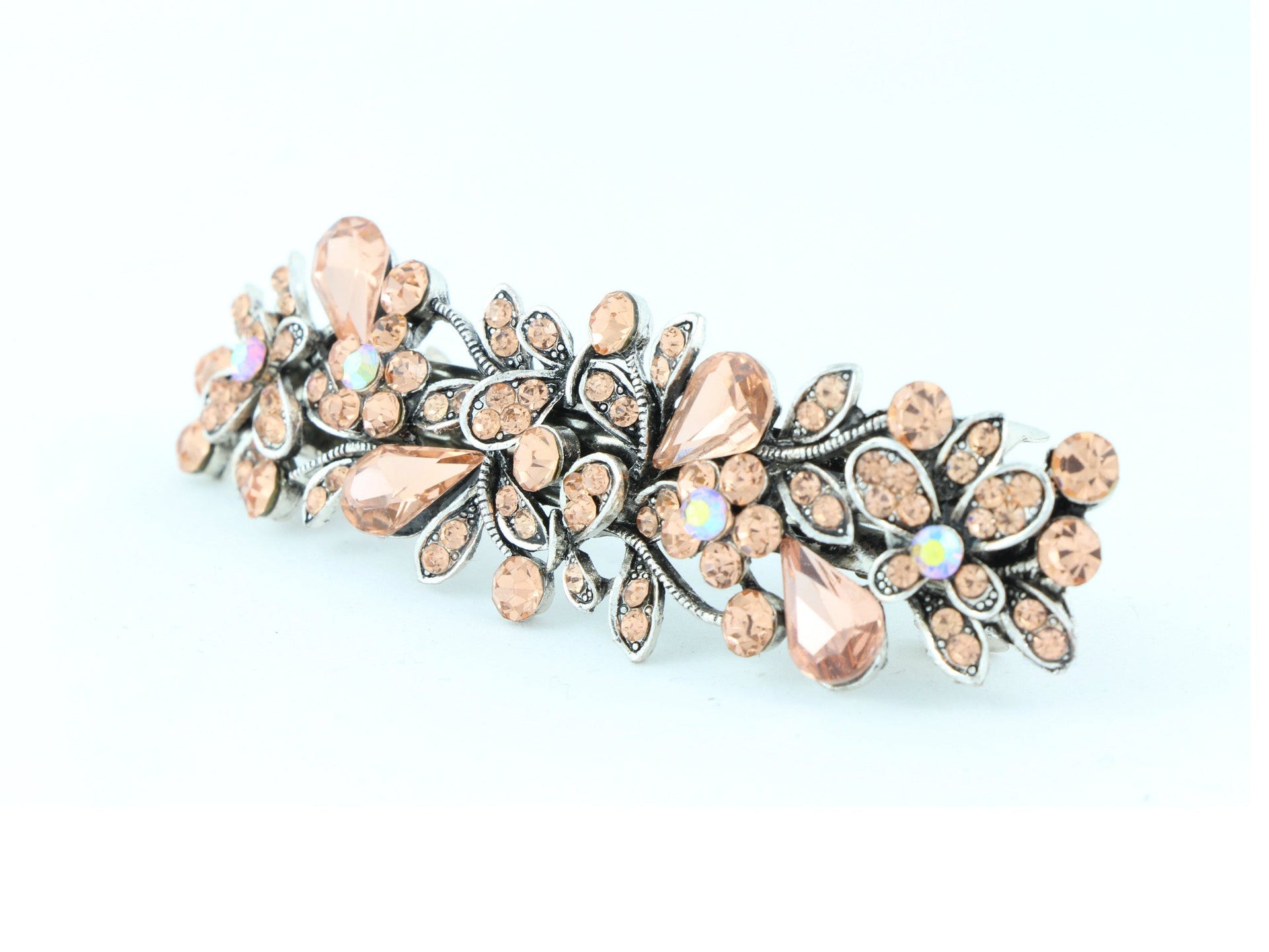 Antique silver metal hair barrette clip with tear drop crystals - Peach