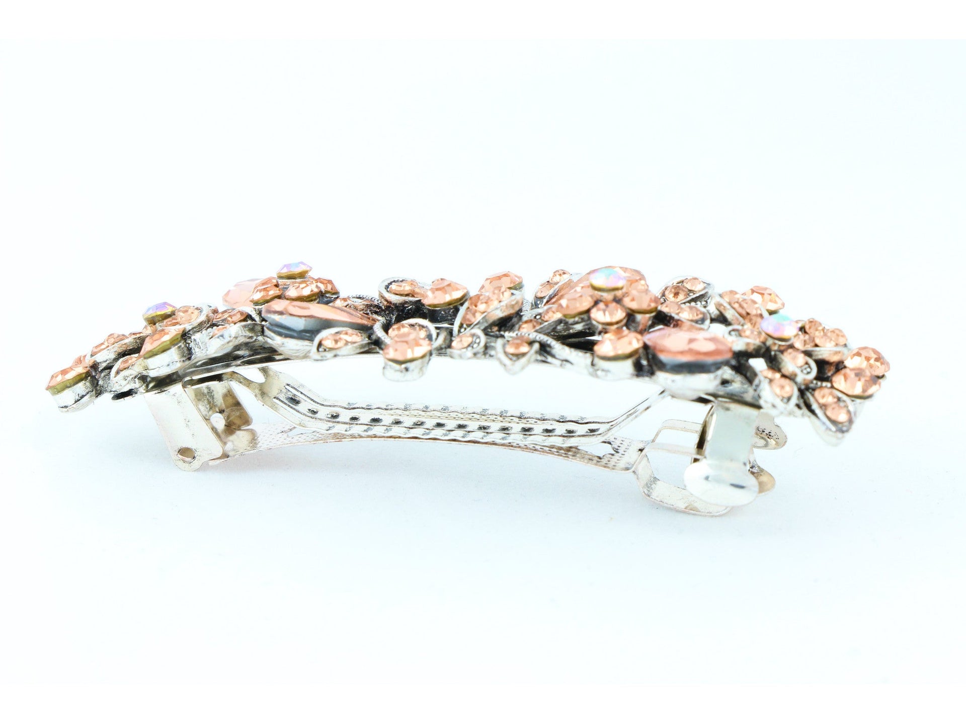 Antique silver metal hair barrette clip with tear drop crystals - Peach