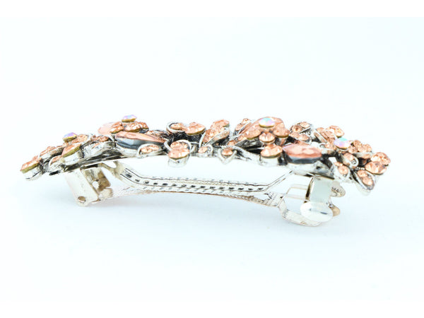 Antique silver metal hair barrette clip with tear drop crystals - Peach