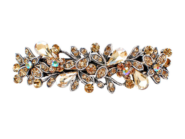 Antique silver metal hair barrette clip with tear drop crystals - Peach