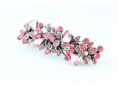 Antique silver metal hair barrette clip with tear drop crystals - Pink