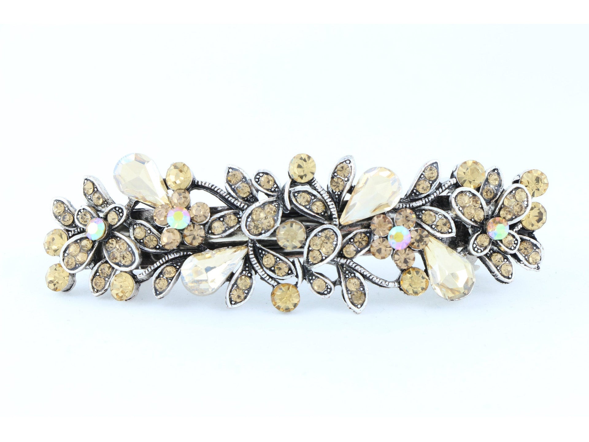 Antique silver metal hair barrette clip with tear drop crystals - Topaz