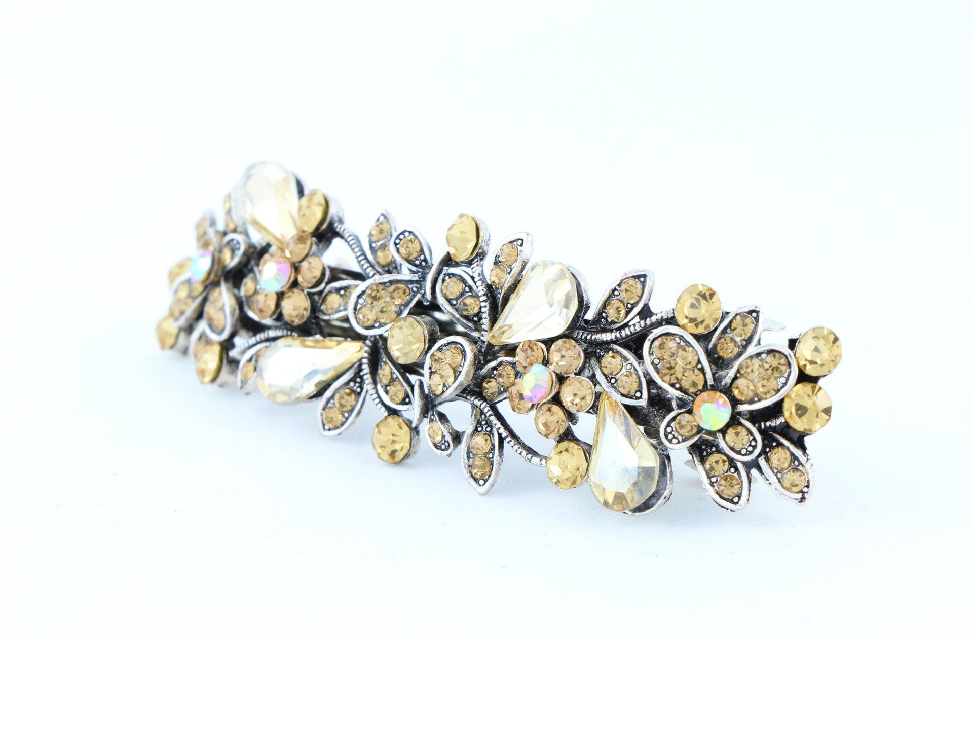 Antique silver metal hair barrette clip with tear drop crystals - Topaz