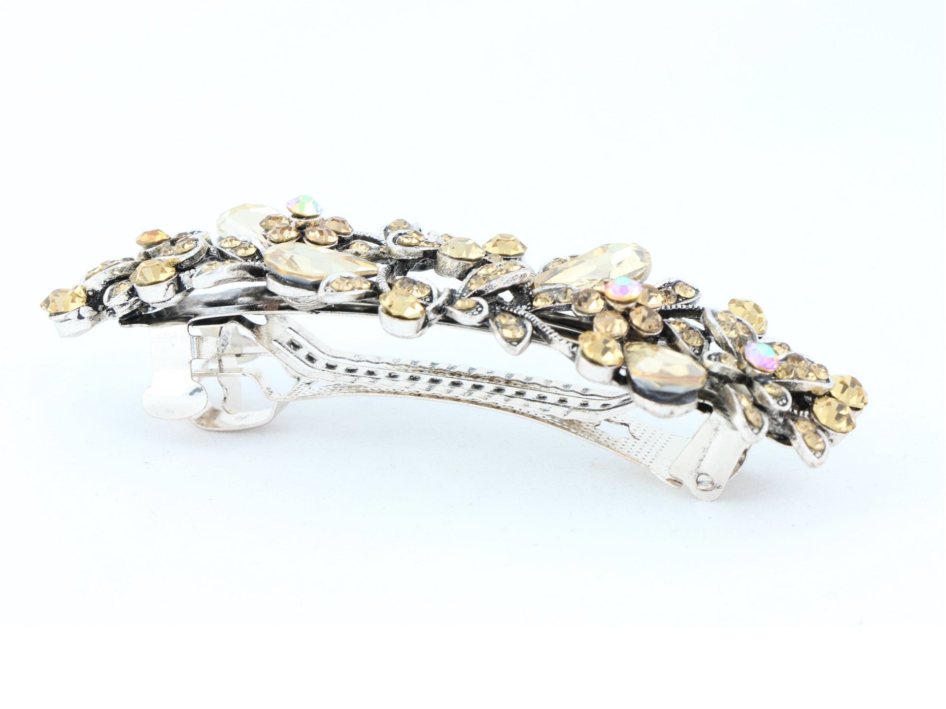 Antique silver metal hair barrette clip with tear drop crystals - Topaz