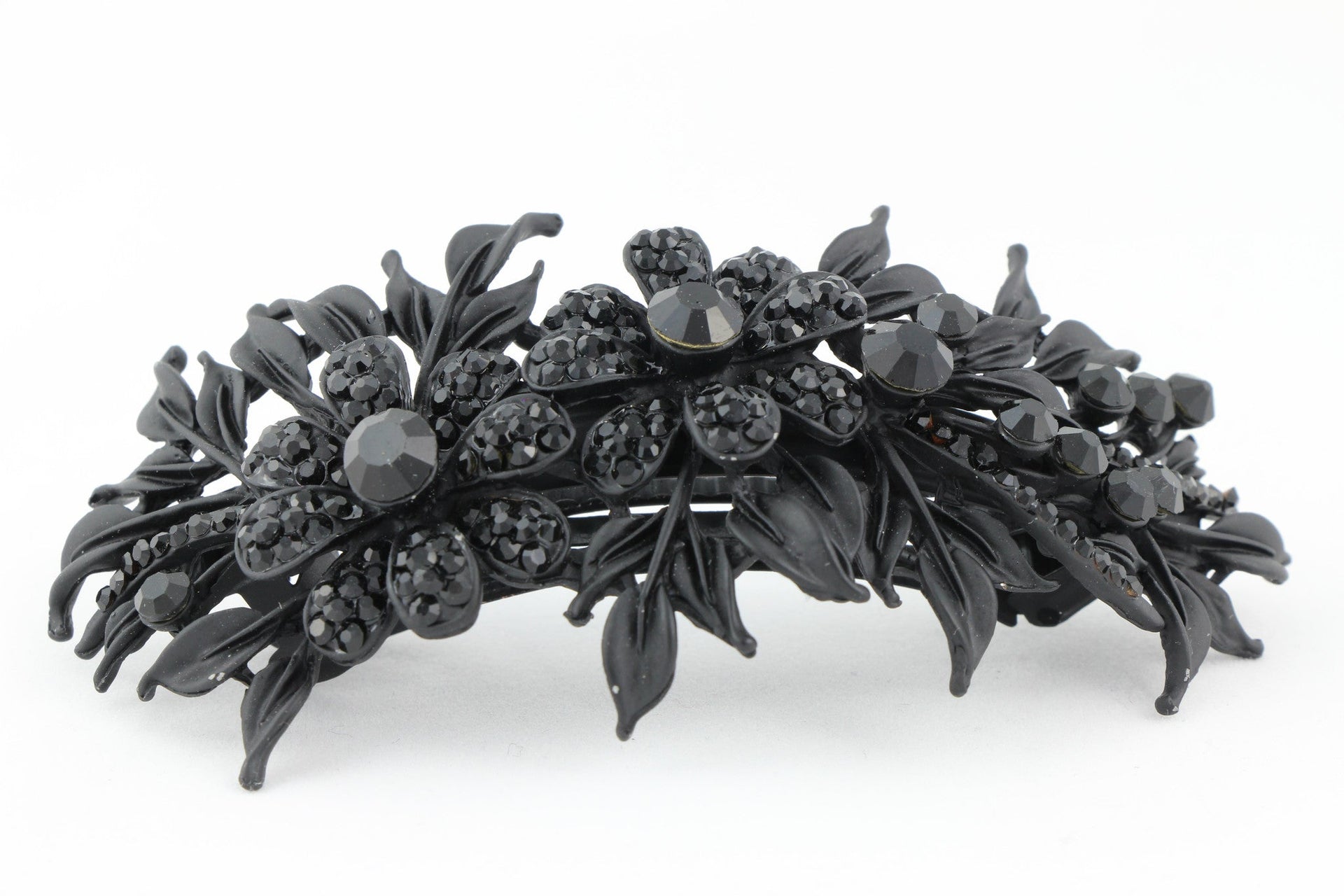 Matte finish hair barrette leaves with sparkling crystal rhinestones - Black