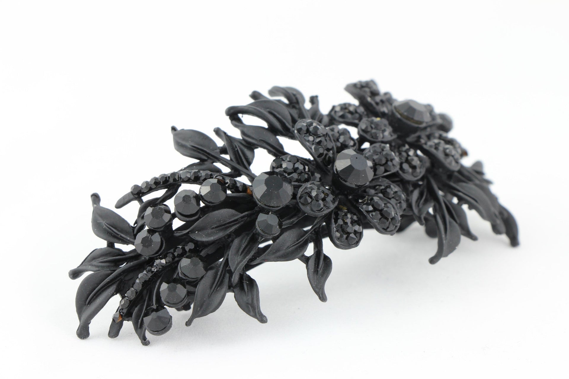 Matte finish hair barrette leaves with sparkling crystal rhinestones - Black