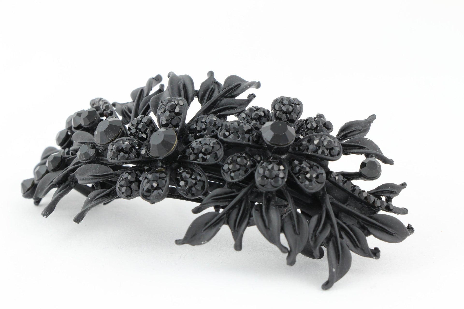 Matte finish hair barrette leaves with sparkling crystal rhinestones - Black