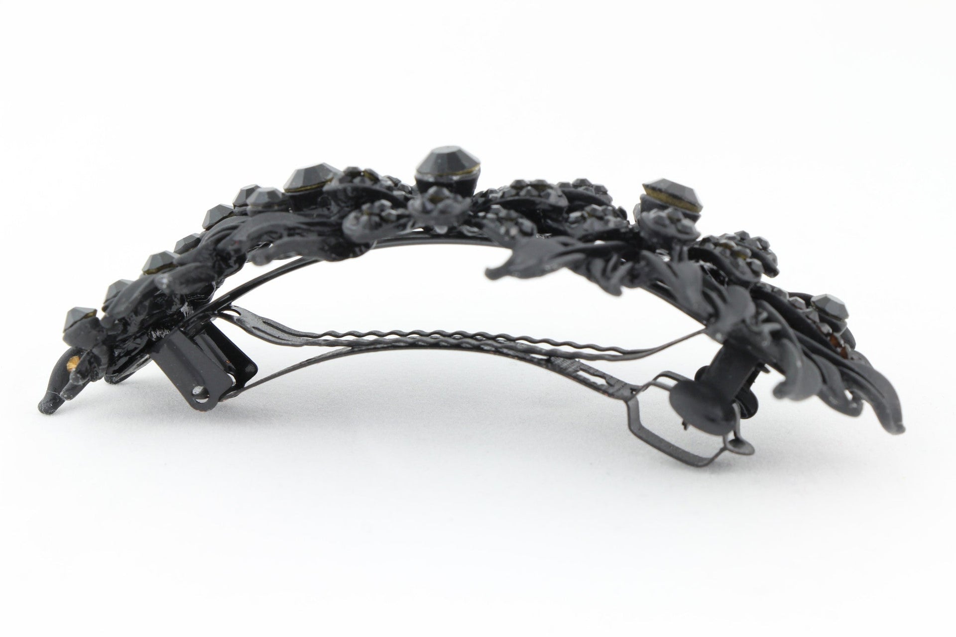 Matte finish hair barrette leaves with sparkling crystal rhinestones - Black