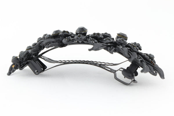 Matte finish hair barrette leaves with sparkling crystal rhinestones - Black