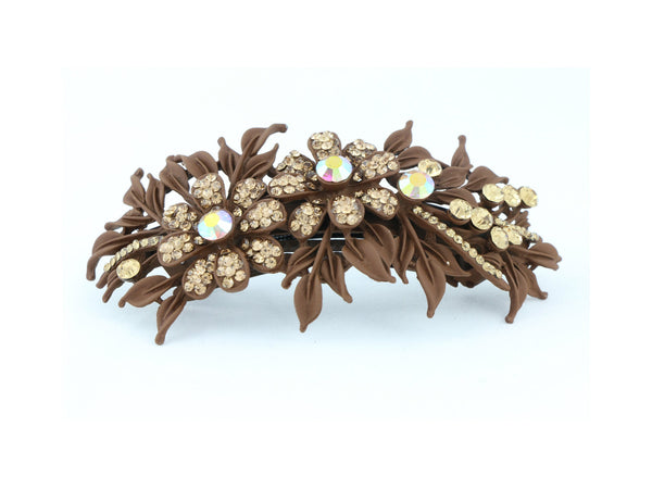 Matte finish hair barrette leaves with sparkling crystal rhinestones - Brown