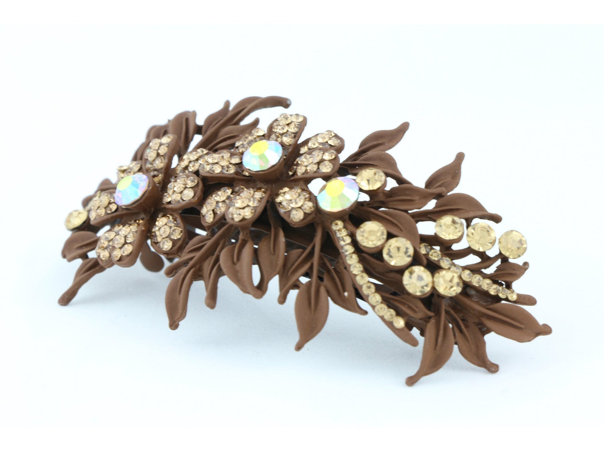 Matte finish hair barrette leaves with sparkling crystal rhinestones - Brown