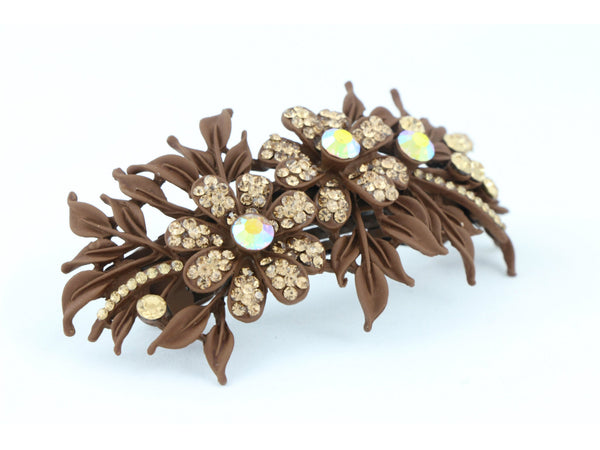 Matte finish hair barrette leaves with sparkling crystal rhinestones - Brown