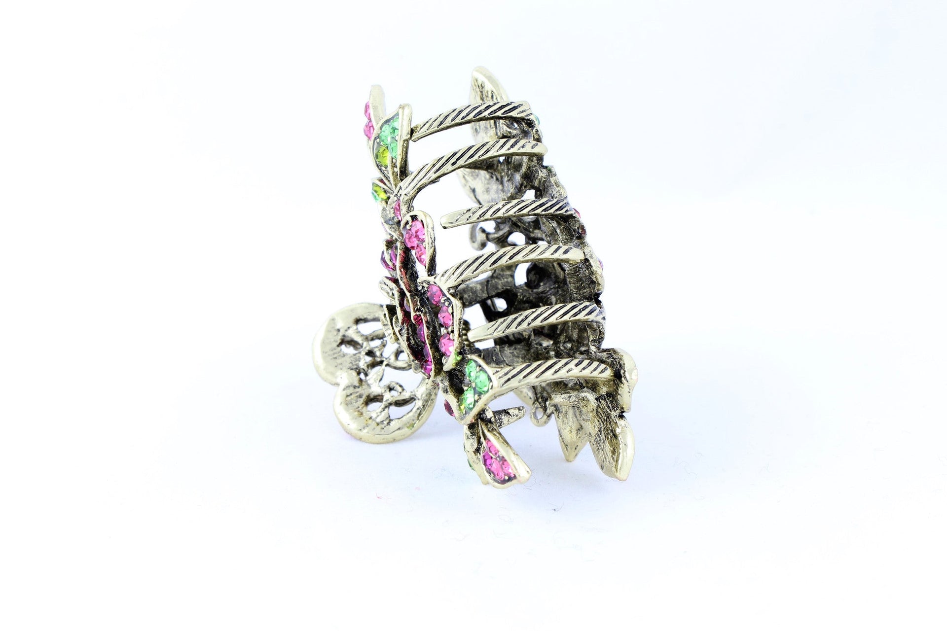 Antique bronze finish hair claw clip on a rose with pink stone petals