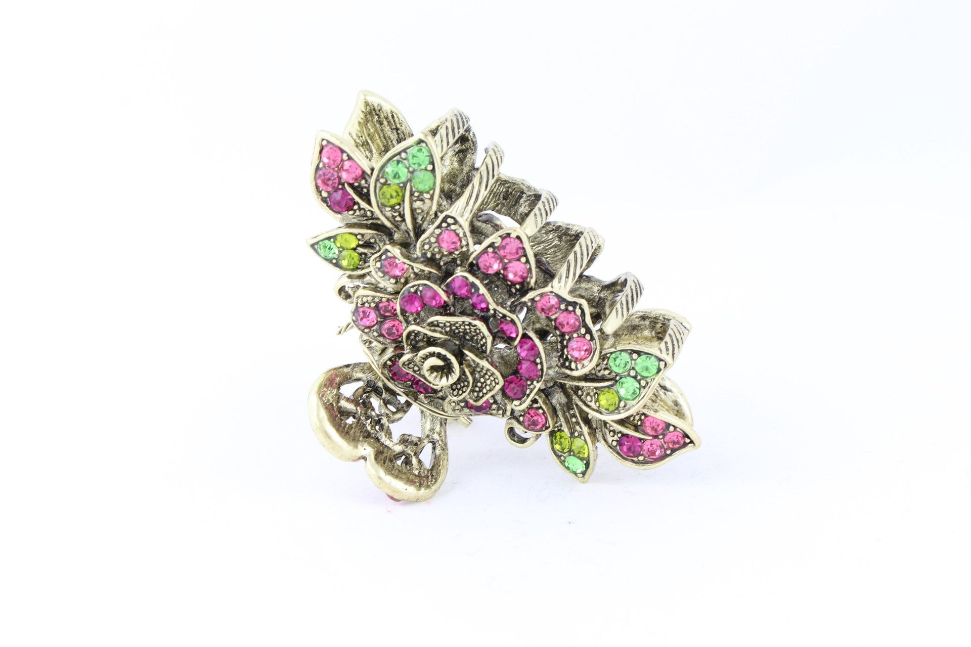 Antique bronze finish hair claw clip on a rose with pink stone petals