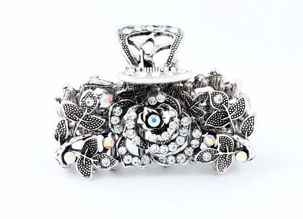 Antique silver finish hair claw clip with multicolor rhinestones