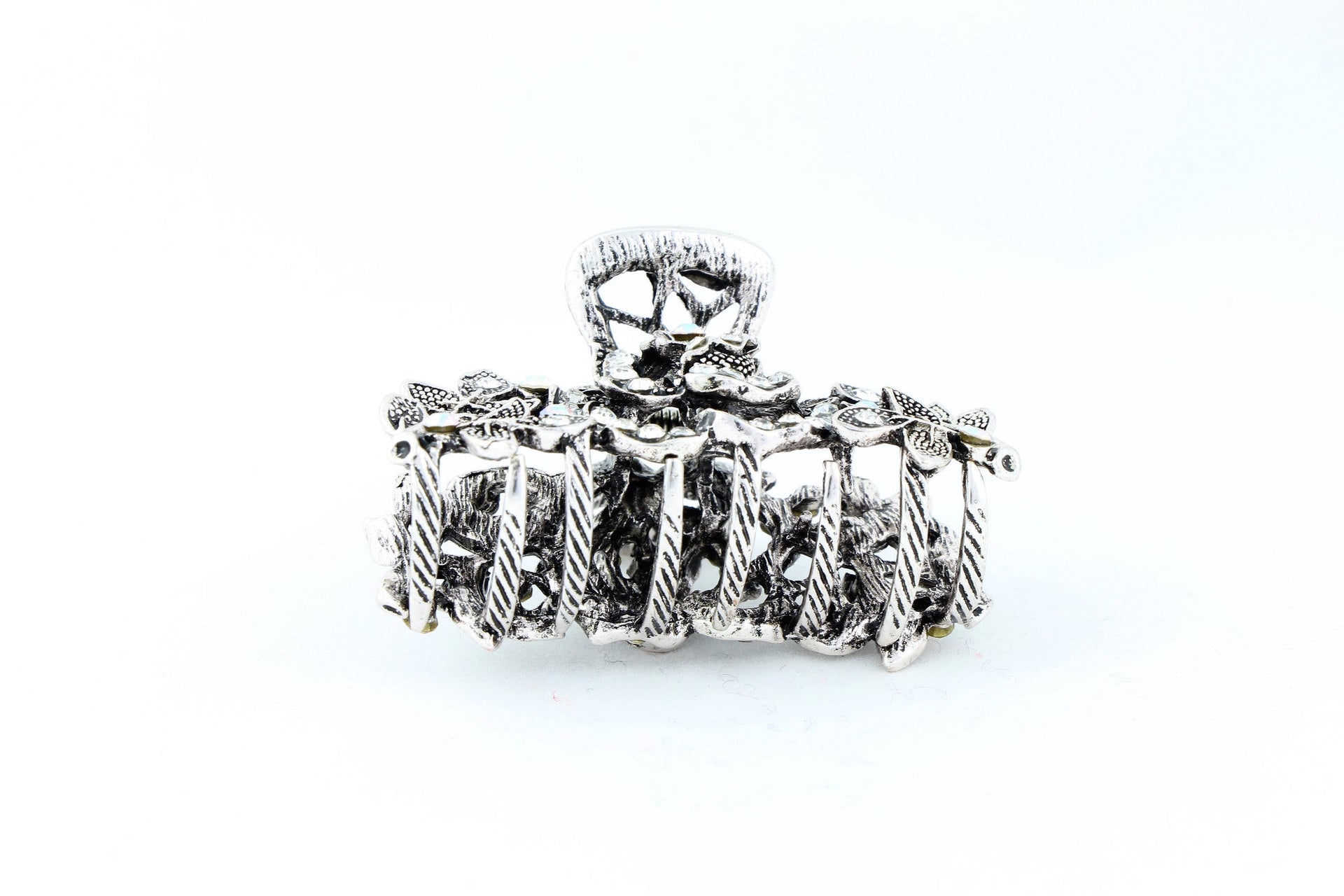 Antique silver finish hair claw clip with multicolor rhinestones