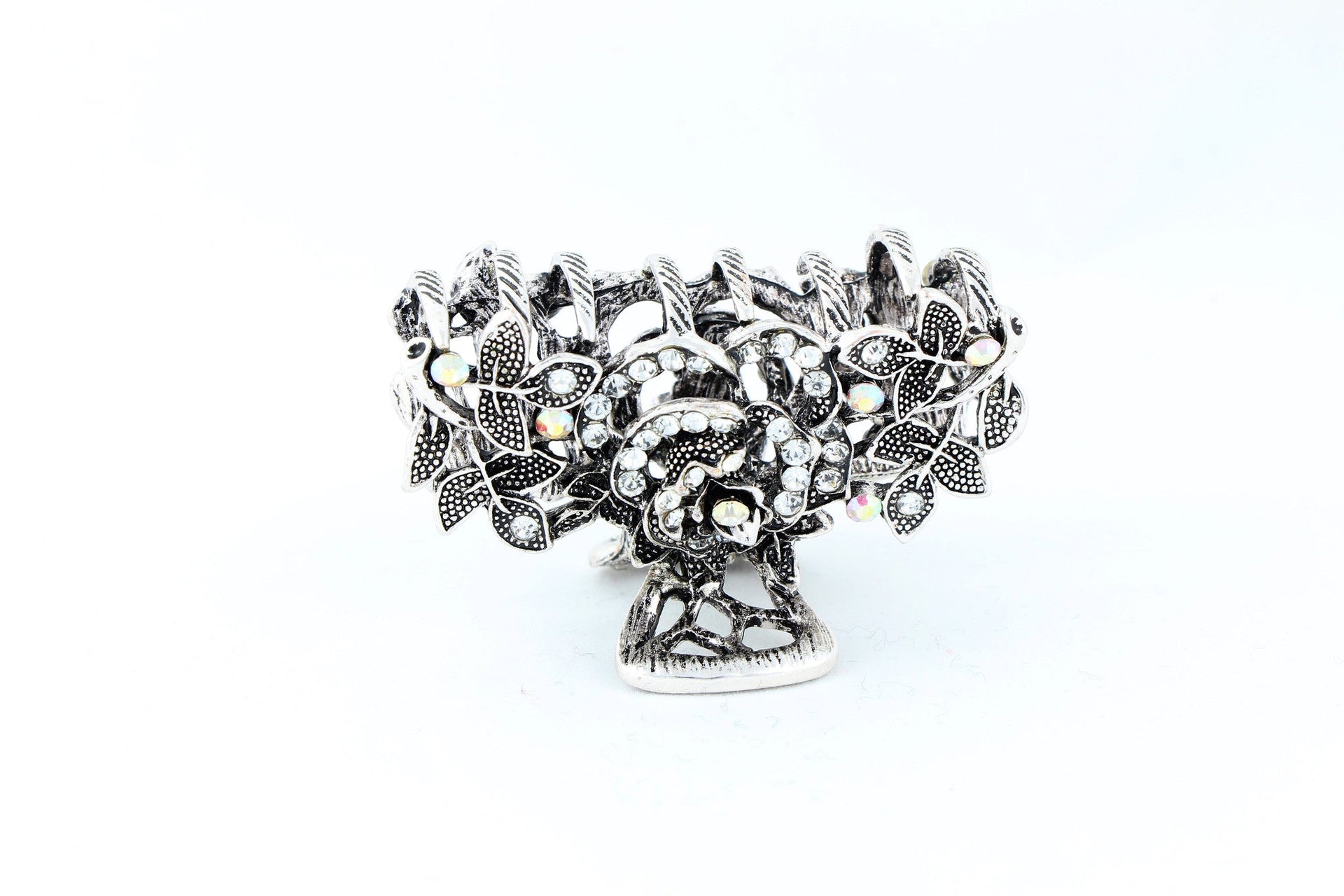 Antique silver finish hair claw clip with multicolor rhinestones