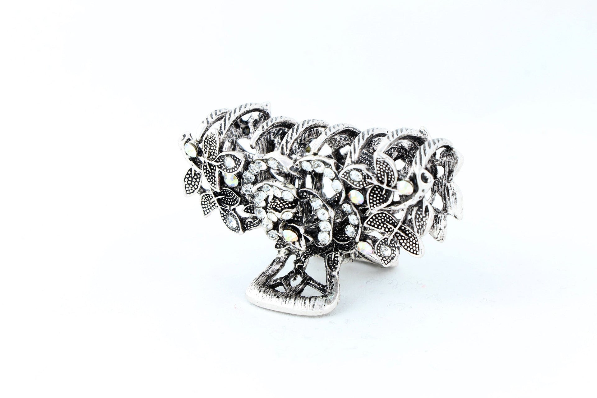 Antique silver finish hair claw clip with multicolor rhinestones