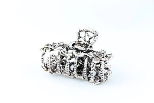 Antique silver finish hair claw clip with multicolor rhinestones