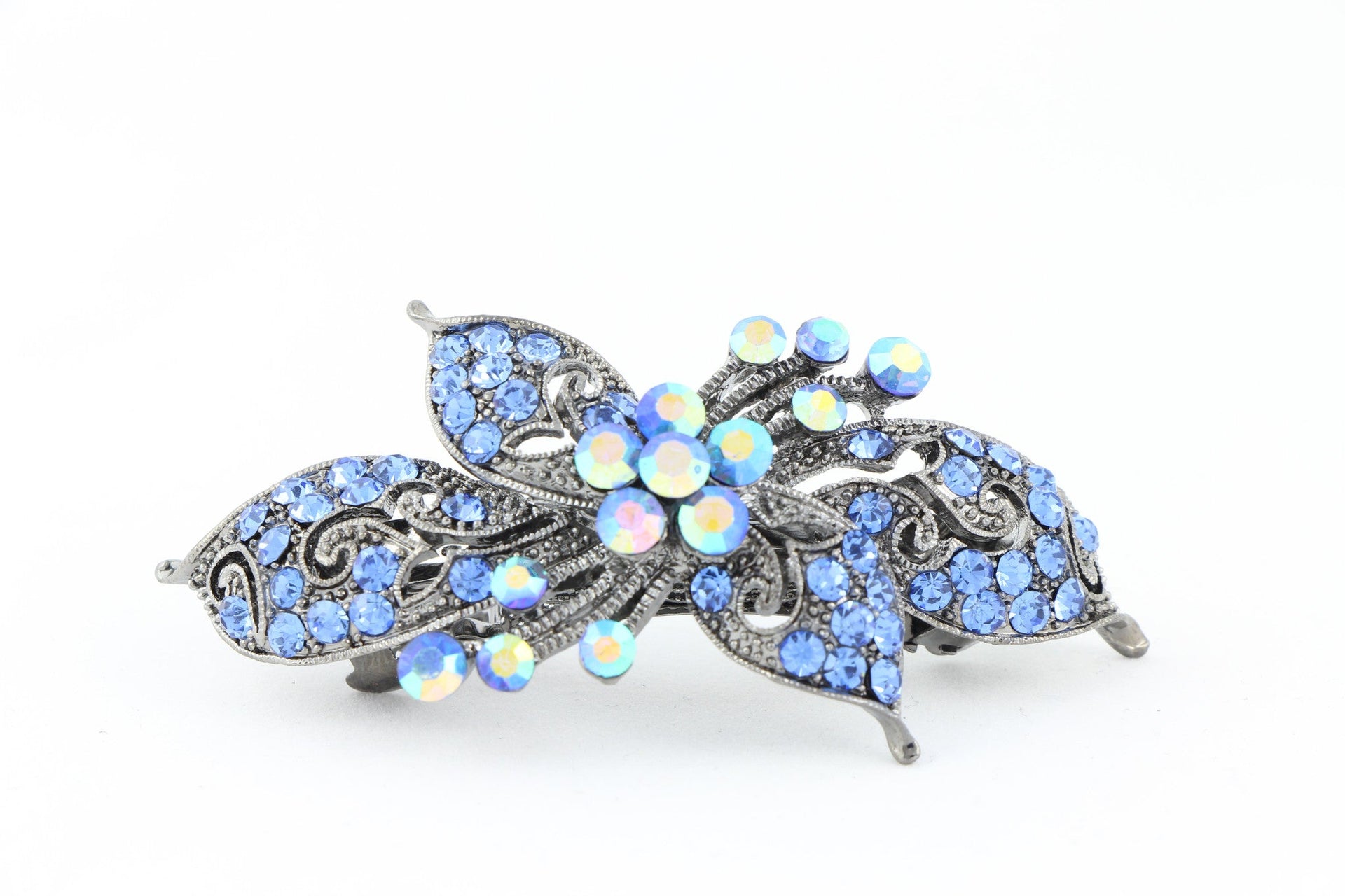 Antique silver hair barrette with complimenting color small rhinestones - Lavender