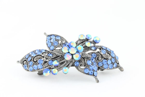Antique silver hair barrette with complimenting color small rhinestones - Lavender